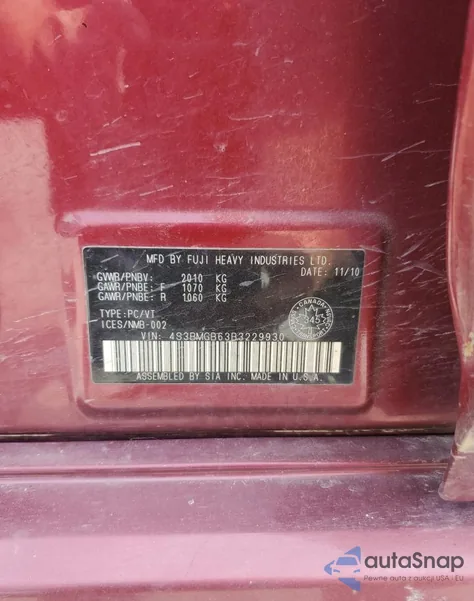 2011 Subaru Legacy 2.5I Premium from USA, damaged, VIN 4S3BMGB63B3229930